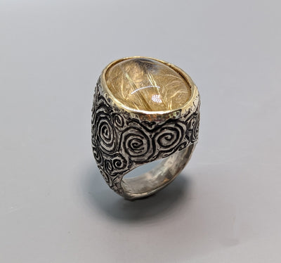 Large Rutilated Quartz in Textured Sterling Silver Ring with 14kt Gold Bezel