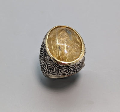 Large Rutilated Quartz in Textured Sterling Silver Ring with 14kt Gold Bezel