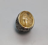 Large Rutilated Quartz in Textured Sterling Silver Ring with 14kt Gold Bezel