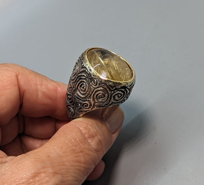 Large Rutilated Quartz in Textured Sterling Silver Ring with 14kt Gold Bezel