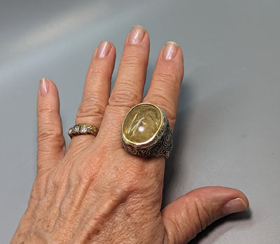 Large Rutilated Quartz in Textured Sterling Silver Ring with 14kt Gold Bezel