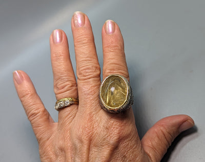 Large Rutilated Quartz in Textured Sterling Silver Ring with 14kt Gold Bezel