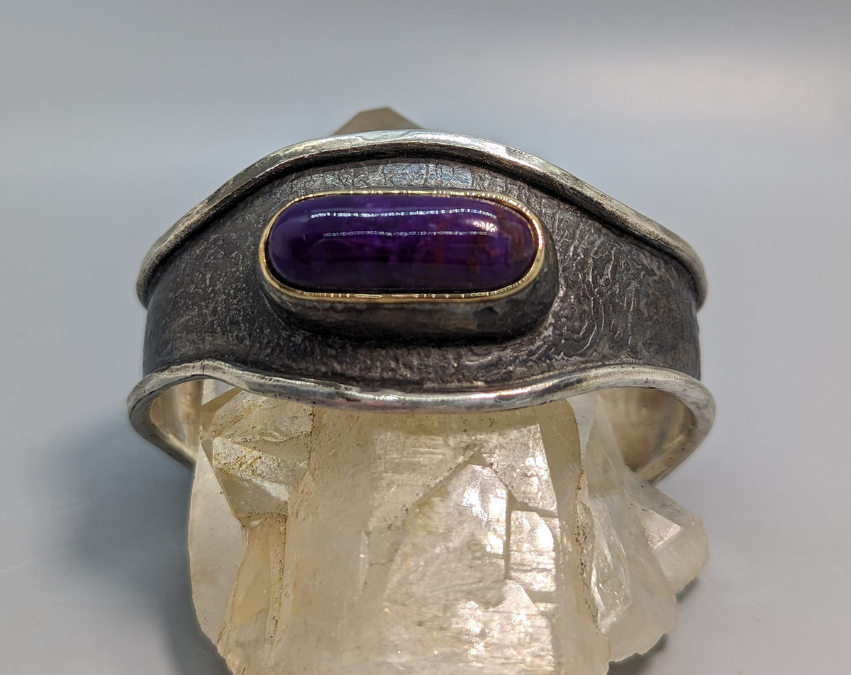 Sugilite in Sterling Silver Textured Bracelet with 14kt Gold Bezel ...