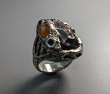 Sikhote Alin Meteorite, Sterling Silver Ring with Spessartite Garnet Crystal and Black Diamonds