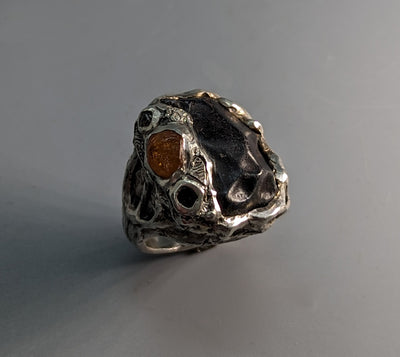 Sikhote Alin Meteorite, Sterling Silver Ring with Spessartite Garnet Crystal and Black Diamonds