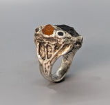 Sikhote Alin Meteorite, Sterling Silver Ring with Spessartite Garnet Crystal and Black Diamonds