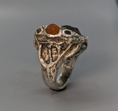 Sikhote Alin Meteorite, Sterling Silver Ring with Spessartite Garnet Crystal and Black Diamonds