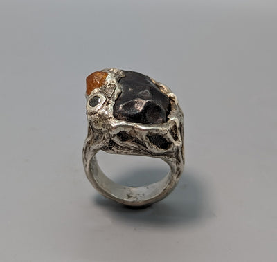 Sikhote Alin Meteorite, Sterling Silver Ring with Spessartite Garnet Crystal and Black Diamonds