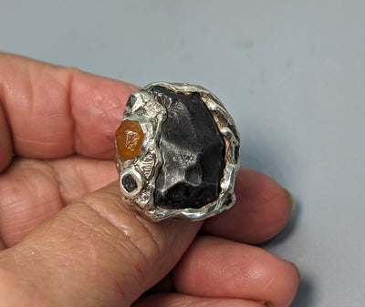 Sikhote Alin Meteorite, Sterling Silver Ring with Spessartite Garnet Crystal and Black Diamonds