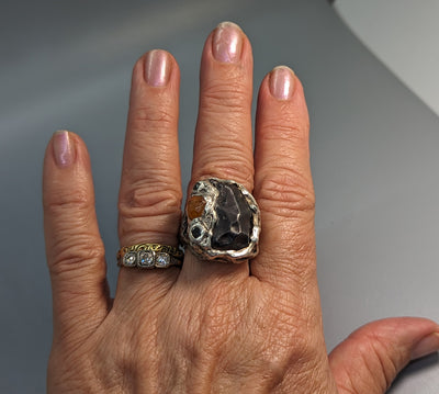 Sikhote Alin Meteorite, Sterling Silver Ring with Spessartite Garnet Crystal and Black Diamonds