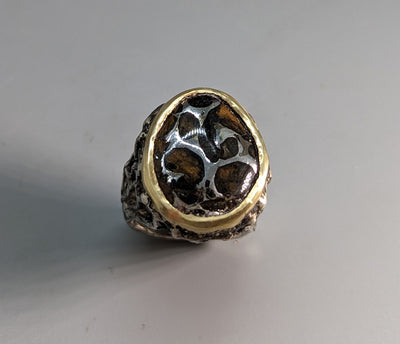 Pallasite Meteorite, Sterling Silver and 14kt Gold Large Ring