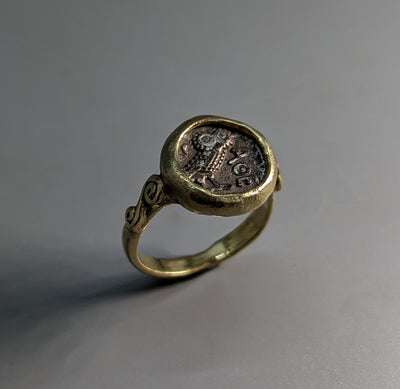 Ancient Owl, Tetartemorion, Quarter Unit, 14kt Gold Ring