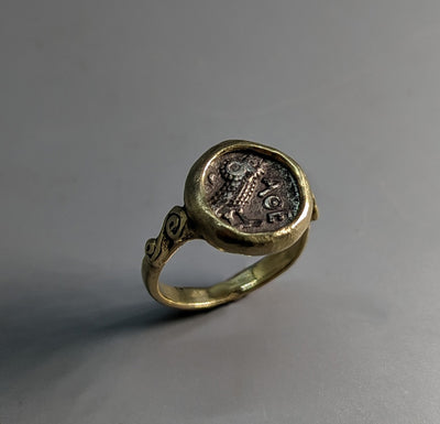 Ancient Owl, Tetartemorion, Quarter Unit, 14kt Gold Ring