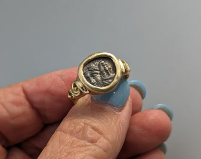 Istros, The Twins, Ancient AR 1/4 Drachm, 14kt Gold Ring