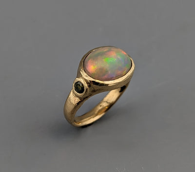 Ethiopian Opal, 14kt Gold Ring with Green Diamonds