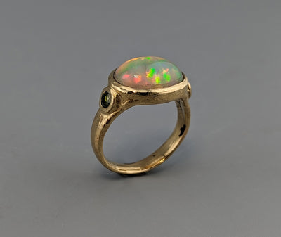 Ethiopian Opal, 14kt Gold Ring with Green Diamonds