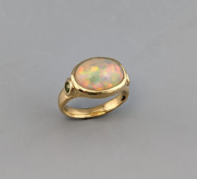 Ethiopian Opal, 14kt Gold Ring with Green Diamonds