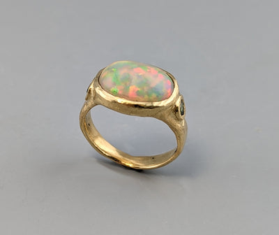 Ethiopian Opal, 14kt Gold Ring with Green Diamonds