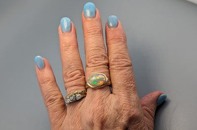 Ethiopian Opal, 14kt Gold Ring with Green Diamonds