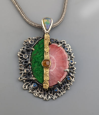 Rhodochrosite and Uvarovite Garnet, Sterling Silver/14kt Gold Pendant