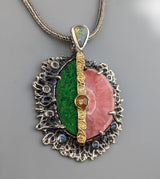 Rhodochrosite and Uvarovite Garnet, Sterling Silver/14kt Gold Pendant