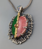 Rhodochrosite and Uvarovite Garnet, Sterling Silver/14kt Gold Pendant