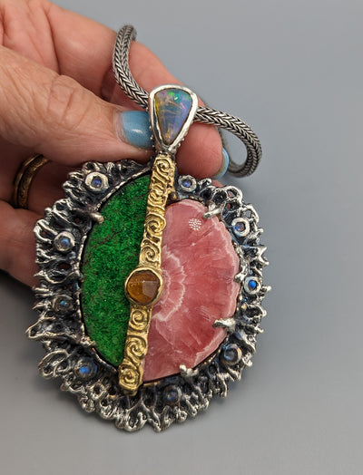 Rhodochrosite and Uvarovite Garnet, Sterling Silver/14kt Gold Pendant