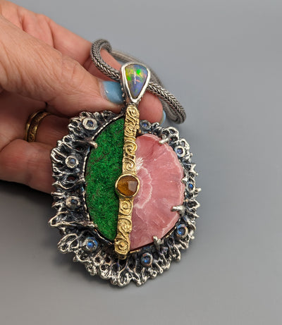 Rhodochrosite and Uvarovite Garnet, Sterling Silver/14kt Gold Pendant