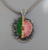 Rhodochrosite and Uvarovite Garnet, Sterling Silver/14kt Gold Pendant