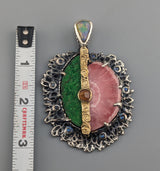 Rhodochrosite and Uvarovite Garnet, Sterling Silver/14kt Gold Pendant