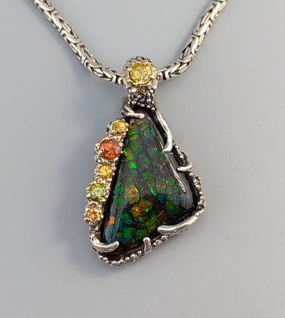 Ammolite, Sterling Silver and 14kt Gold Pendant