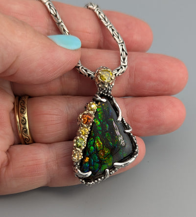 Ammolite, Sterling Silver and 14kt Gold Pendant