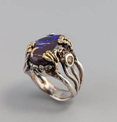 Yowah Boulder Opal, Sterling Silver and 14kt Gold Ring