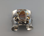 Yowah Boulder Opal, Sterling Silver Wide Cuff Bracelet with 14kt Gold, Citrines and Green Diamonds