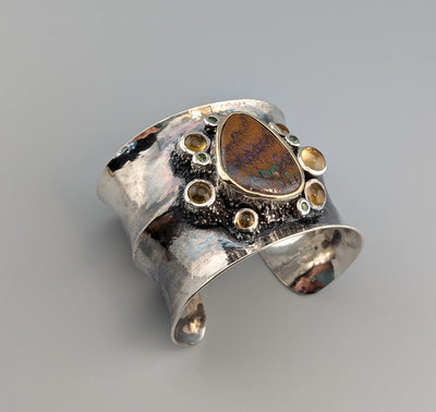 Yowah Boulder Opal, Sterling Silver Wide Cuff Bracelet with 14kt Gold, Citrines and Green Diamonds