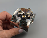 Yowah Boulder Opal, Sterling Silver Wide Cuff Bracelet with 14kt Gold, Citrines and Green Diamonds