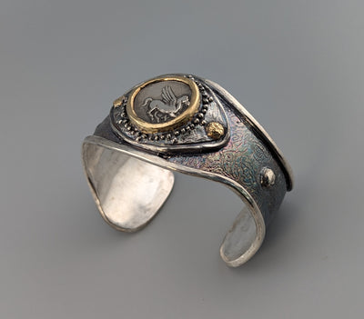 Pegasus, AR Stater, Sterling Silver and 14kt Gold Cuff Bracelet