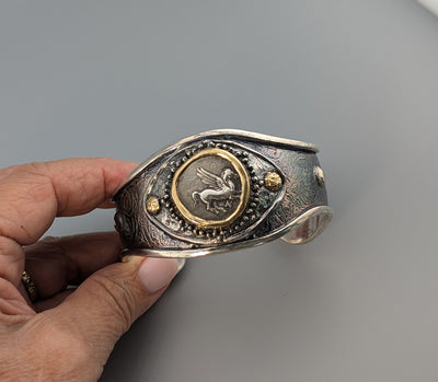 Pegasus, AR Stater, Sterling Silver and 14kt Gold Cuff Bracelet