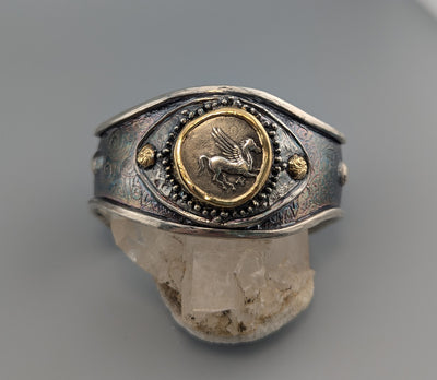 Pegasus, AR Stater, Sterling Silver and 14kt Gold Cuff Bracelet