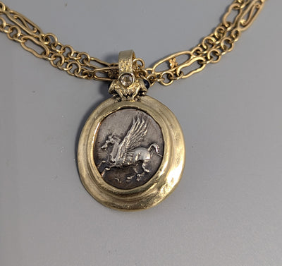 Ancient Coin, Pegasus, AR Stater, 14kt Gold 2 Sided Pendant