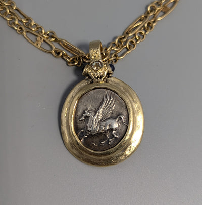 Ancient Coin, Pegasus, AR Stater, 14kt Gold 2 Sided Pendant