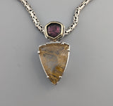 Rutilated Quartz, Watermelon Tourmaline, Sterling Silver & 14kt Gold Pendant