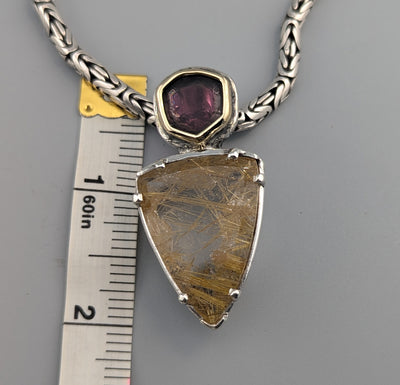 Rutilated Quartz, Watermelon Tourmaline, Sterling Silver & 14kt Gold Pendant