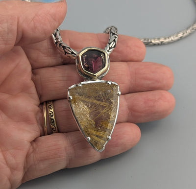 Rutilated Quartz, Watermelon Tourmaline, Sterling Silver & 14kt Gold Pendant