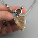 Rutilated Quartz, Watermelon Tourmaline, Sterling Silver & 14kt Gold Pendant