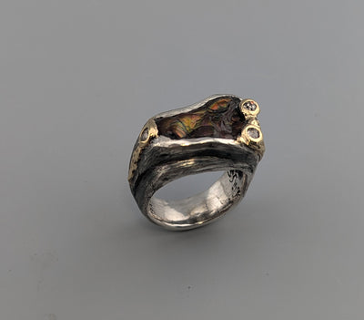 Carved Fire Agate, Sterling Silver and 14kt Gold Ring