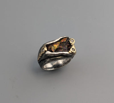 Carved Fire Agate, Sterling Silver and 14kt Gold Ring