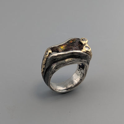 Carved Fire Agate, Sterling Silver and 14kt Gold Ring