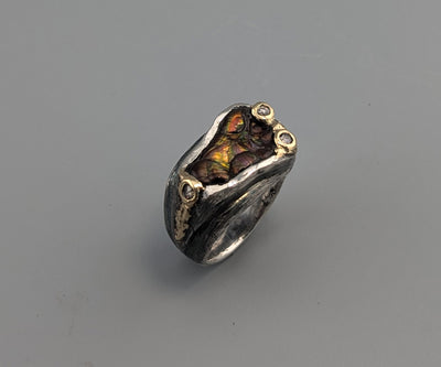 Carved Fire Agate, Sterling Silver and 14kt Gold Ring