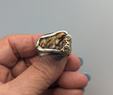 Carved Fire Agate, Sterling Silver and 14kt Gold Ring